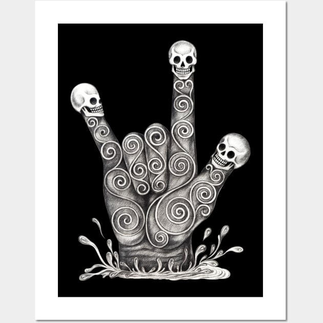 I love you hand sign surreal art three skull on finger. Wall Art by Jiewsurreal